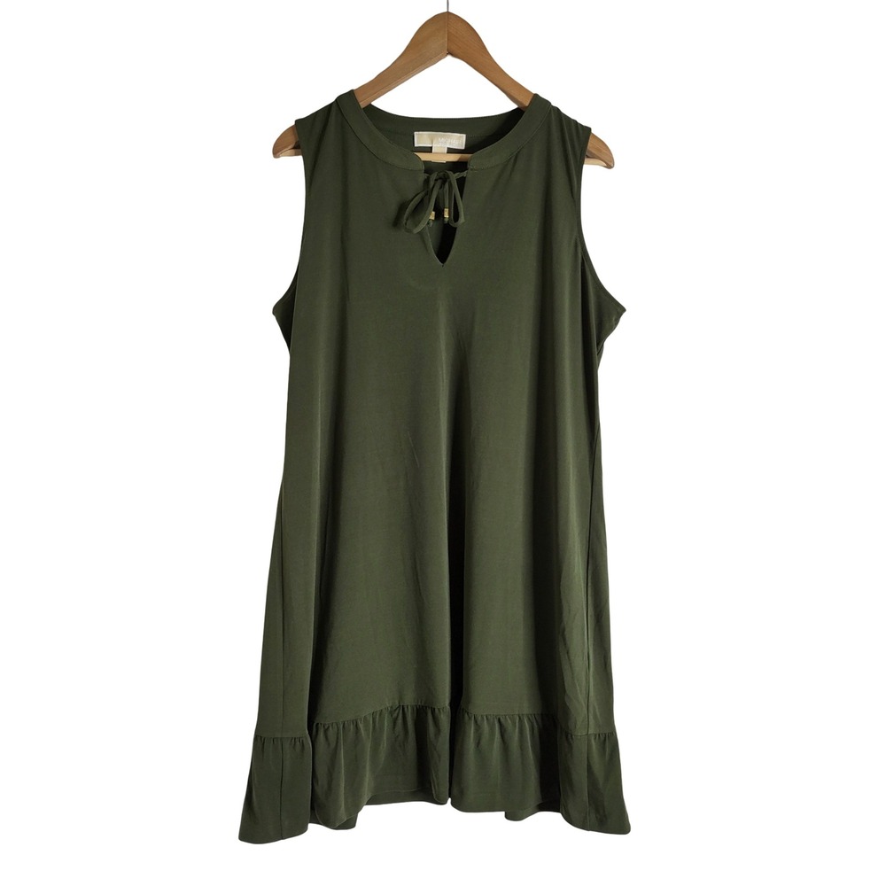 Michael Michael Kors Olive Sleeveless Ruffle Hem Keyhole Tie Dress XL Luxury